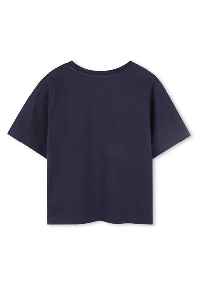 Navy blue cotton t-shirt with short sleeves, round neckline, and a relaxed fit. Back view shows a smooth texture and clean stitching.