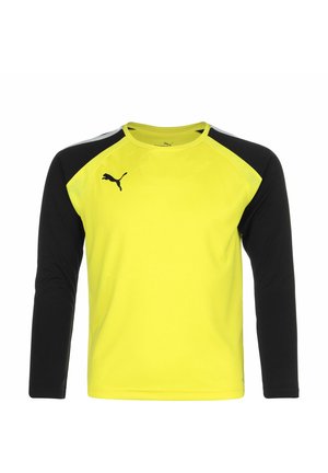 T-shirt de sport à manches longues avec un devant jaune brillant, des manches noires et des accents en maille. Présente un logo sur la poitrine et un col rond.