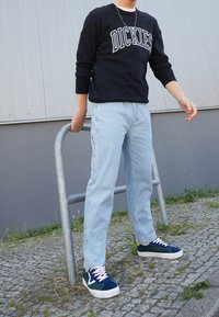 Felpa nera con logo "DICKIES", jeans azzurri chiari e scarpe verdi/blu navy con suole bianche e lacci multicolore, appoggiato a un parapetto metallico.