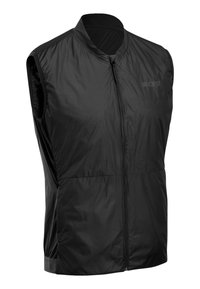 Zwarte lichtgewicht mouwloze vest met opstaande kraag, rits aan de voorkant en elastische zoom. Gemaakt van glad, glanzend materiaal. Heeft een logo op de borst.