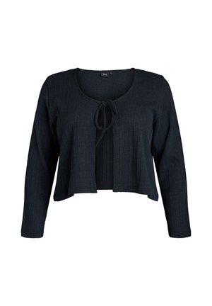 Dark blue cropped cardigan made of ribbed fabric, featuring long sleeves and a front tie closure. Simple design, smooth texture.