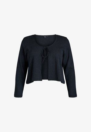 Tummansininen lyhyt neuletakki, joka on valmistettu ribbikankaasta, pitkät hihat ja edessä solmittava suljenta. Yksinkertainen muotoilu, sileä rakenne.