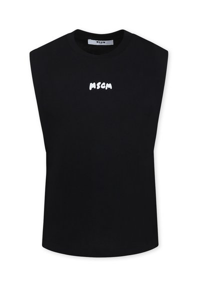 Top senza maniche di colore nero realizzato in cotone, con scollatura a girocollo e logo bianco "MSGM" stampato sul davanti. Tessuto morbido, taglio dritto.