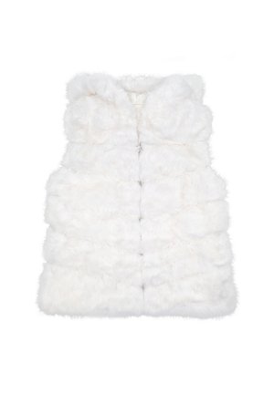 Gilet di pelliccia bianca con un design imbottito, dotato di cappuccio, senza maniche e superficie testurizzata. Cuciture visibili e chiusura con bottoni.