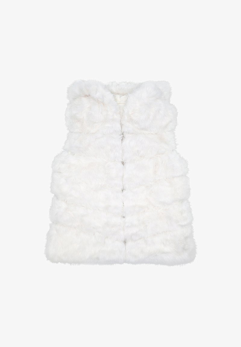 Gilet di pelliccia bianca con un design imbottito, dotato di cappuccio, senza maniche e superficie testurizzata. Cuciture visibili e chiusura con bottoni.
