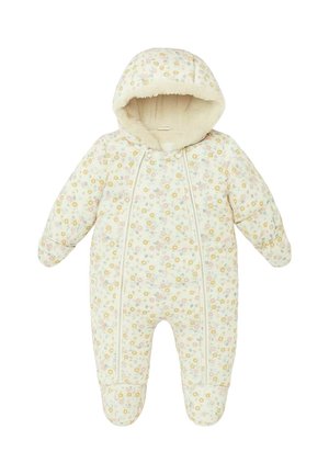 Dojenčja obleka z rožnatim vzorcem v kremni barvi, opremljena z mehkim podloženim kapuco, zadrgami in obloženim materialom za toploto.