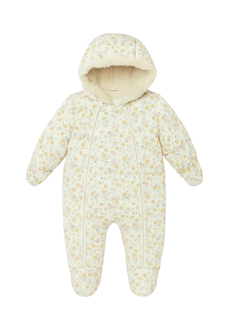 Krém színű, virágmintás csecsemő overall, puha, bélelt kapucnival, cipzárakkal és melegítő anyaggal.
