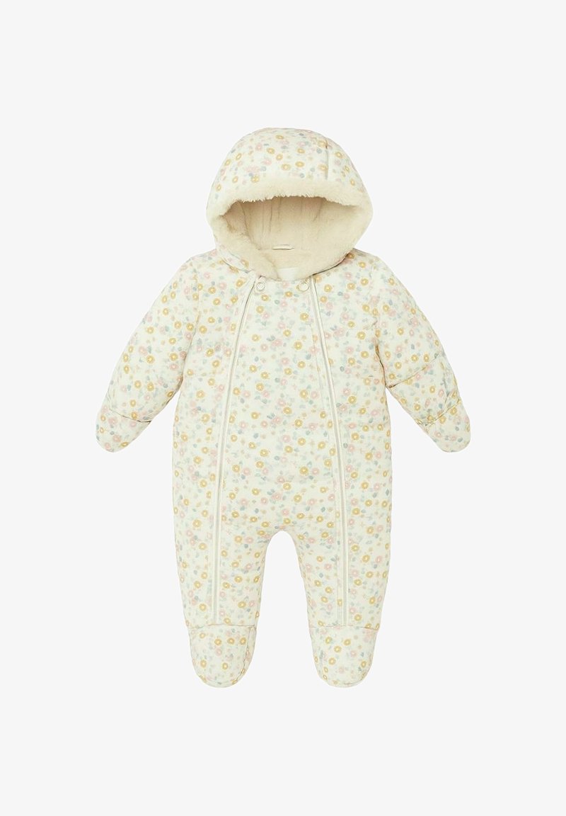 Krém színű, virágmintás csecsemő overall, puha, bélelt kapucnival, cipzárakkal és melegítő anyaggal.