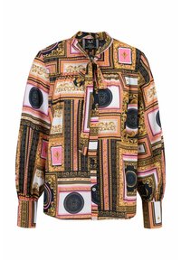 Langärmlige Bluse aus seidig-stoff, mit geometrischem Muster in Gold, Pink, Schwarz und Weiß, verziert mit einem Krawatten-Ausschnitt und geknöpften Manschetten.