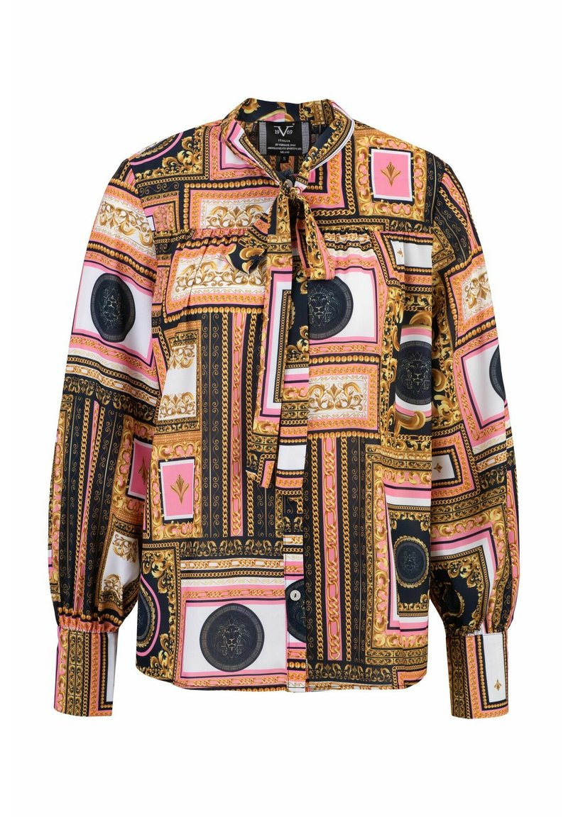 Langärmlige Bluse aus seidig-stoff, mit geometrischem Muster in Gold, Pink, Schwarz und Weiß, verziert mit einem Krawatten-Ausschnitt und geknöpften Manschetten.