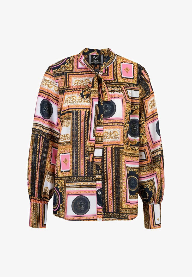 Langärmlige Bluse aus seidig-stoff, mit geometrischem Muster in Gold, Pink, Schwarz und Weiß, verziert mit einem Krawatten-Ausschnitt und geknöpften Manschetten.