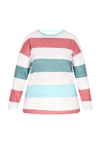 Cămașă cu mâneci lungi, cu dungi orizontale în roșu, teal și alb. Gât rotund cu un guler de culoare bleu deschis contrastant; textură moale a țesăturii.