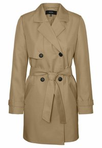 Beige Trenchcoat mit doppelter Knopfreihe, Gürtel in der Taille und seitlichen Taschen. Verfügt über breite Revers und strukturierte Schultern.
