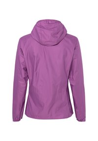 Lichtgewicht, waterafstotend, paarse jas met een capuchon, lange mouwen en een eenvoudig ontwerp. Gladde textuur zonder zichtbare sluitingen.