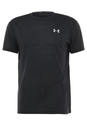 Czarny, krótki rękaw, sportowy t-shirt z okrągłym dekoltem, o delikatnej fakturze i małym, jasnoszarym logo Under Armour na lewej piersi.