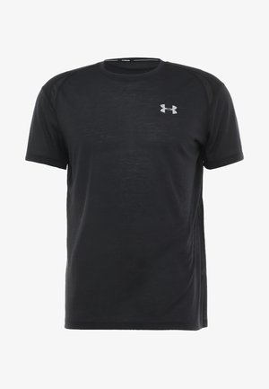 T-shirt de sport noir à manches courtes avec col rond, texture subtile et petit logo Under Armour gris clair sur le côté gauche de la poitrine.