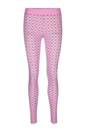 Roze leggings met een geometrisch patroon van in elkaar grijpende diamanten in pasteltinten. Elastische tailleband voor comfort. Rekbaar materiaal.