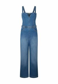 Denim overall s širokými nohavicami, nastaviteľnými ramienkami, výstrihom do V a opleteným opaskom. Obsahuje predné vrecká a má vyblednutú modrú farbu.