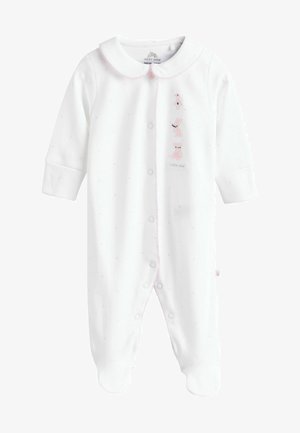 Valkoinen vauvan body vaaleanpunaisilla yksityiskohdilla, jossa on kaulus, nappisuljenta ja brodeeratut eläinkuvastot. Pehmeä kangas, jossa on pieniä sydänkuvioita.