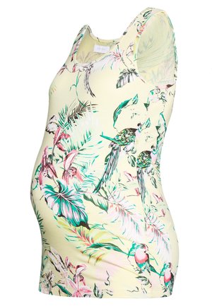 Mouwloze zwangerschaps top met een lichtgele achtergrond en kleurrijke bloemen- en vogelprint, zijaanzicht.