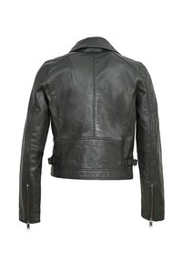 Zwarte leren jas met een aansluitend ontwerp, voorzien van een puntige kraag, ritsmanchetten en verstelbare zijkoordjes. Gladde textuur. Achteraanzicht.