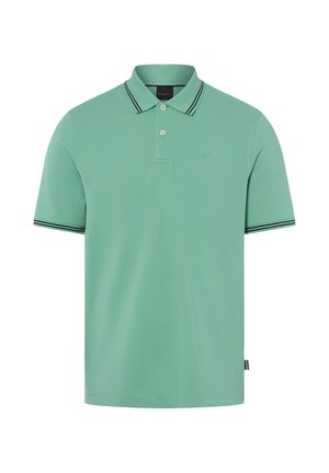 Miętowa koszulka polo z krótkim rękawem, z dwoma guzikami, czarne podwójne paski na kołnierzu i mankietach oraz subtelne haftowane logo na lewej piersi.