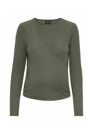 Haut de maternité à manches longues côtelé vert olive avec un col rond et un détail de couture diagonale à l'avant.