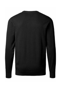 Schwarzer Strickpullover mit rundem Halsausschnitt, langen Ärmeln und geripptem Saum. Die Textur wirkt glatt mit einem klassischen Design.