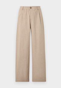 Pantaloni bej cu croi larg și finisaj texturat, având pliu și talie elastică, asigurată cu un buton bronzat în față.
