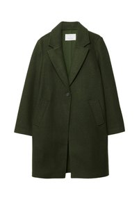 Tmavě zelený vlněný kabát s klopovým límcem, zapínáním na jeden knoflík a dvěma postranními kapsami. Má rovný střih a texturovanou tkaninu.