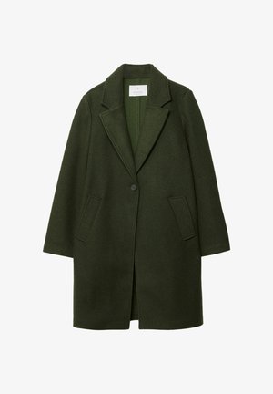 Tmavě zelený vlněný kabát s klopovým límcem, zapínáním na jeden knoflík a dvěma postranními kapsami. Má rovný střih a texturovanou tkaninu.