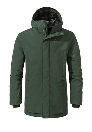 Grüne, wasserdichte Parka-Jacke mit durchgehendem Reißverschluss, Kapuze, zwei Seitentaschen und elastischen Manschetten. Verfügt über eine matte Oberfläche und ein einfaches Design.