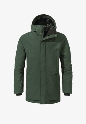 Grüne, wasserdichte Parka-Jacke mit durchgehendem Reißverschluss, Kapuze, zwei Seitentaschen und elastischen Manschetten. Verfügt über eine matte Oberfläche und ein einfaches Design.