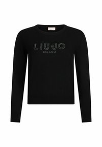 Pull noir à manches longues avec col rond affichant le texte "LIU·JO MILANO" orné de petits strass sur la poitrine.