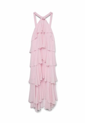 Vaaleanpunainen mekko, jossa on useita kerroksia röyhelöitä,olkaimeton kaula-aukko kukka-akentilla sekä haihtuva, pehmeä kangasrakennus.