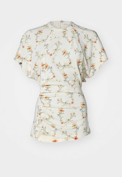 Blusa a maniche corte con fantasia floreale in crema, dotata di bottoni, scollo rotondo e dettagli arricciati in vita. Tessuto morbido e leggero.