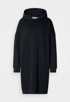 Μαύρο φόρεμα με φούτερ με κουκούλα, χαλαρή εφαρμογή, μακριά μανίκια, κεντημένο όνομα της μάρκας και ριμπ μανσέτες και τελείωμα. Απαλή υφή υλικού.