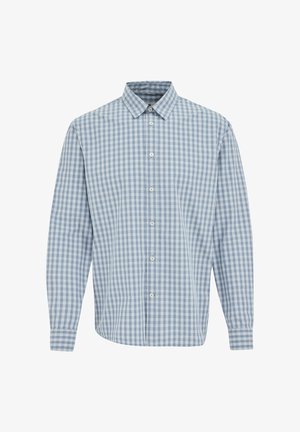 Košulja s plavim i bijelim kariranim uzorkom, dugih rukava, preklopnim ovratnikom, kopčanjem sprijeda i širokim krojem. Izrađena od lagane tkanine.
