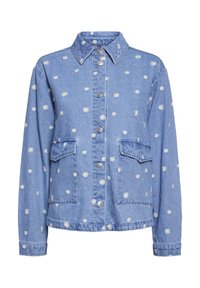 Vaaleansininen farkkutakki, jossa on kukkakirjontaa. Varustettu kauluksella, etupainettavalla suljinnalla ja kahdella rintataskulla.