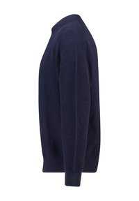 Maglione blu navy lavorato a maglia con maniche lunghe, polsini a coste e scollo rotondo, mostrato di profilo destro su sfondo bianco.