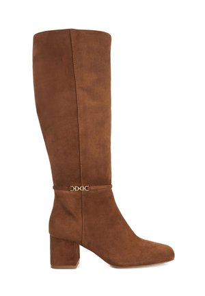 Bottes hautes en suède marron avec talon bloc et petit détail en chaîne dorée autour de la cheville, vue de côté sur fond blanc.