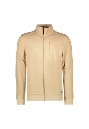 Beige zip-up jas van textuurstof, met een hoge kraag, een borstzak en zijzakken, voorzien van ribgebreide manchetten en zoom.