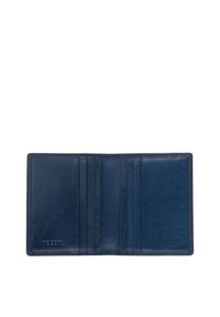 Navy blue leather wallet with a smooth texture, featuring multiple card slots and a minimalistic design. No visible hardware or embellishments.