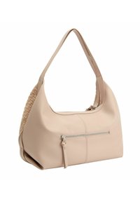 Borsa a tracolla in pelle beige con lato intrecciato, forma morbida, tasca frontale con zip, tracolla lunga e texture liscia.