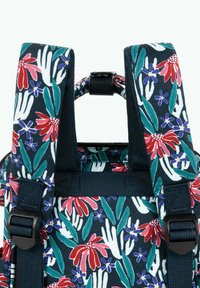 Floral-patterned backpack with black straps, featuring red, pink, and purple flowers against a dark background; durable fabric and adjustable hardware.