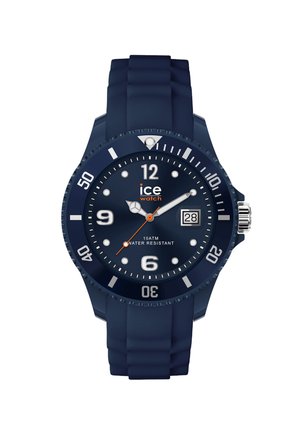 Reloj de pulsera analógico azul oscuro con números blancos, visualización de la fecha a las 3 en punto y correa de silicona, resistente al agua hasta 10 ATM.