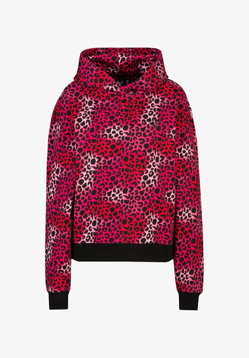 Kapuzensweatshirt in leuchtendem Pink mit schwarzem Leopardenmuster, mit einer entspannten Passform und gerippten Bündchen an den Ärmeln und am Saum.