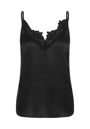 Černá saténová košilka s tenkými ramínky a krajkovým lemem podél výstřihu do V, navržená pro dámskou módu nebo noční prádlo.