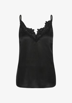 Černá saténová košilka s tenkými ramínky a krajkovým lemem podél výstřihu do V, navržená pro dámskou módu nebo noční prádlo.