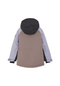 Brun och svart isolerad jacka med huva, ljuslila accentpaneler och justerbara ärmar. Slät yta och varm design.